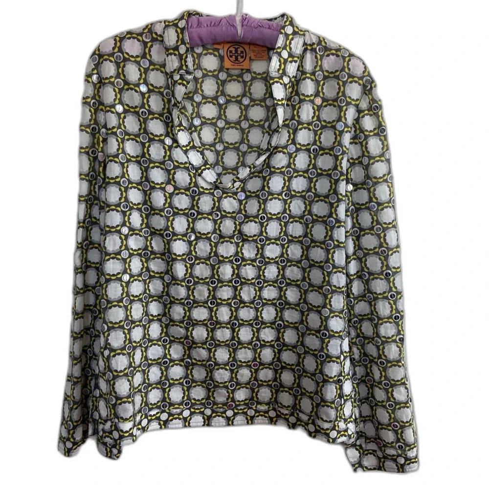 Tory Burch Stephanie Tunic Top Geometric Gray Yellow White Size 4